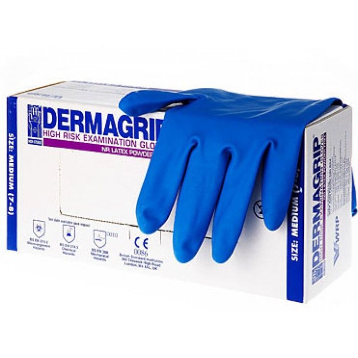 фото упаковки Перчатки смотровые латексные неопудренные Dermagrip High Risk