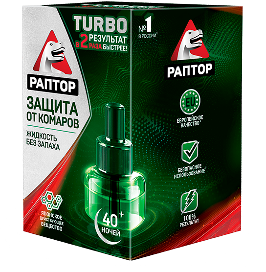 фото упаковки Раптор Turbo от комаров жидкость для фумигатора 40 ночей