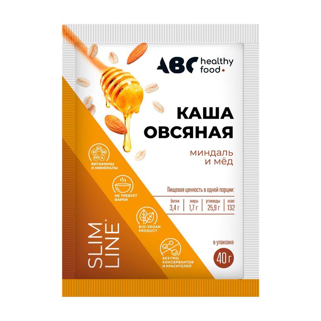 фото упаковки ABC Healthy Food Каша овсяная быстрого приготовления витаминизированная, каша, мед миндаль, 40 г, 1 шт. фото упаковки ABC Healthy Food Каша овсяная быстрого приготовления витаминизированная