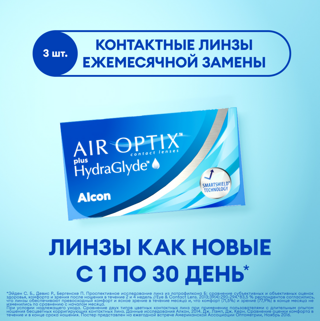 Alcon Air Optix Plus HydraGlyde Линзы контактные, BC=8,6 d=14,2, D(-2.50), 3 шт.