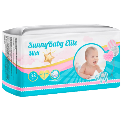 Sunnybaby Elite Подгузники детские midi, 4-9 кг, р. 3, с каналами Magical Tubes, 32 шт.