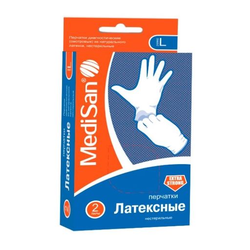 MediSan Extra Strong перчатки смотровые латексные, L, перчатки неопудренные нестерильные, пары, 2 шт.