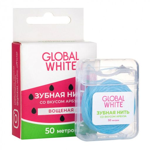Global White Нить зубная вощеная, 50 м, арбуз, 1 шт.