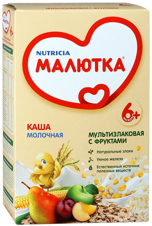 Малютка каша молочная мультизлаковая со смесью фруктов, каша детская молочная, быстрорастворимая форма, 220 г, 1 шт.