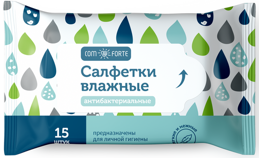 ComForte Салфетки влажные освежающие, антибактериальные, 15 шт.