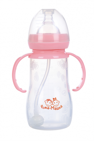 Рома+Машка бутылочка с широким горлышком с ручками, розового цвета, 240 мл, 1 шт.